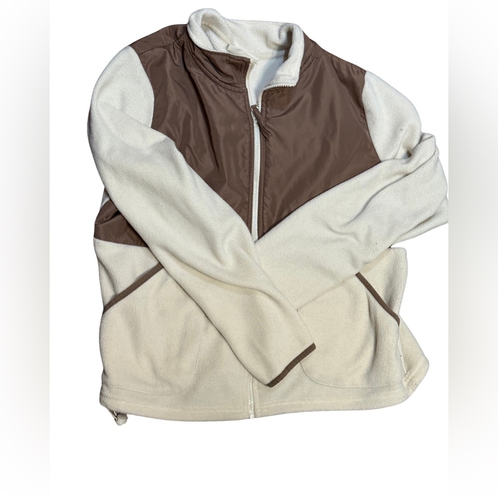 Bear Paw Cream & Brown Fleece Zip Up Jacket | Women’s L | Cozy Winter Neutral